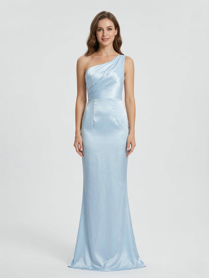 One-Shoulder Ice Blue Satin Mermaid Evening Gown - Pleated Bodice Formal Dress AM22209