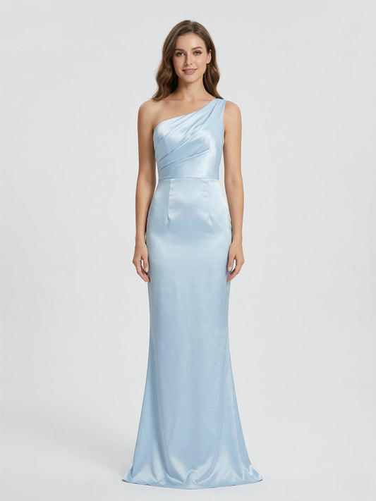 One-Shoulder Ice Blue Satin Mermaid Evening Gown - Pleated Bodice Formal Dress AM22209