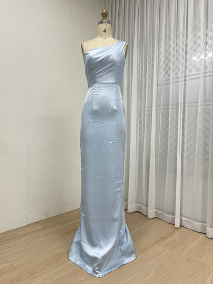 One-Shoulder Ice Blue Satin Mermaid Evening Gown - Pleated Bodice Formal Dress AM22209
