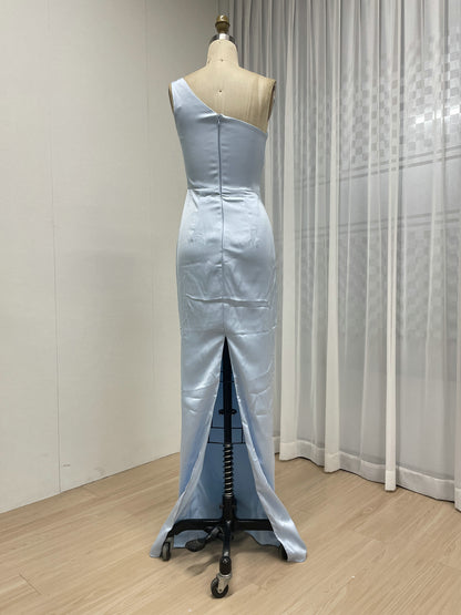 One-Shoulder Ice Blue Satin Mermaid Evening Gown - Pleated Bodice Formal Dress AM22209