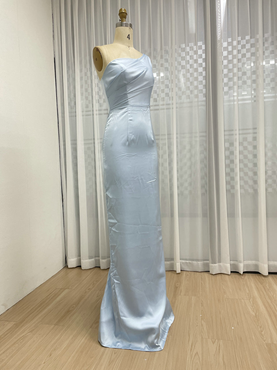 One-Shoulder Ice Blue Satin Mermaid Evening Gown - Pleated Bodice Formal Dress AM22209