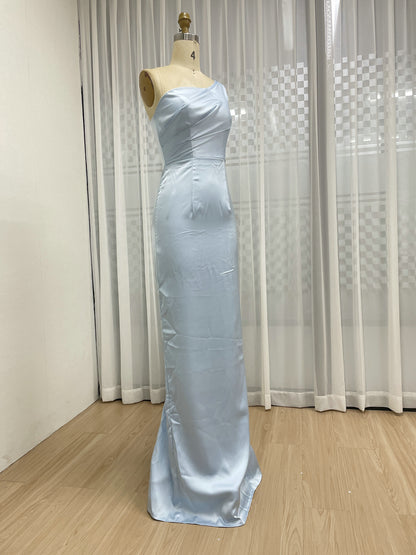 One-Shoulder Ice Blue Satin Mermaid Evening Gown - Pleated Bodice Formal Dress AM22209