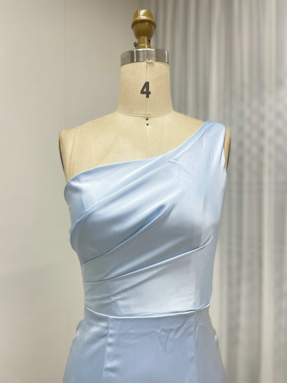One-Shoulder Ice Blue Satin Mermaid Evening Gown - Pleated Bodice Formal Dress AM22209