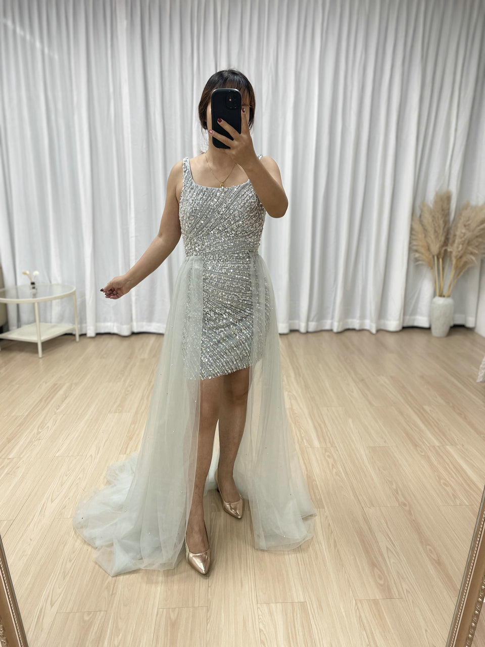 Sparkly Silver Crystal Beading Mini Dress with Detachable Tulle Overskirt ASU2020-08S