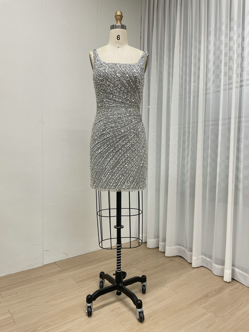 Sparkly Silver Crystal Beading Mini Dress with Detachable Tulle Overskirt ASU2020-08S
