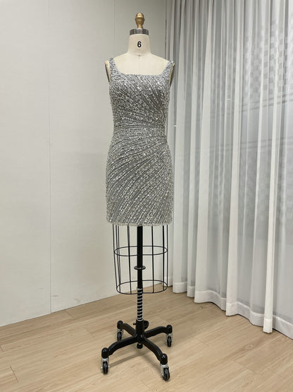 Sparkly Silver Crystal Beading Mini Dress with Detachable Tulle Overskirt ASU2020-08S