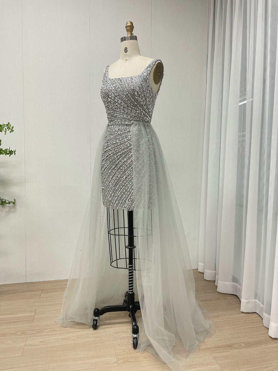Sparkly Silver Crystal Beading Mini Dress with Detachable Tulle Overskirt ASU2020-08S
