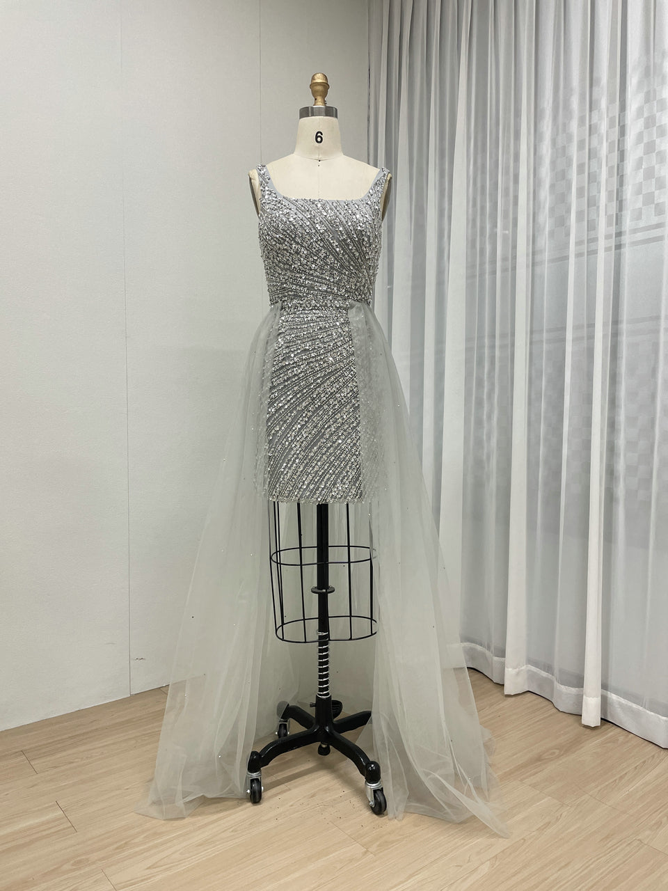 Sparkly Silver Crystal Beading Mini Dress with Detachable Tulle Overskirt ASU2020-08S