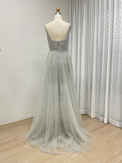 Sparkly Silver Crystal Beading Mini Dress with Detachable Tulle Overskirt ASU2020-08S