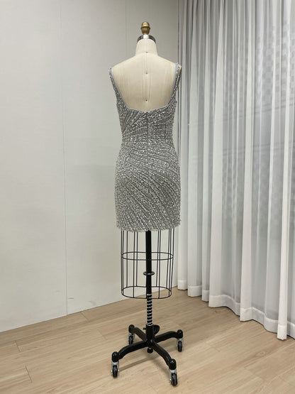 Sparkly Silver Crystal Beading Mini Dress with Detachable Tulle Overskirt ASU2020-08S