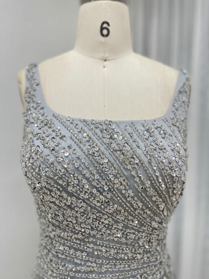 Sparkly Silver Crystal Beading Mini Dress with Detachable Tulle Overskirt ASU2020-08S