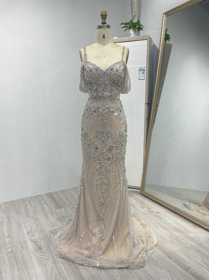 Spaghetti Strap Handmade Beading Off Shoulder Engagement Wedding Party Evening Dress DD19007-2