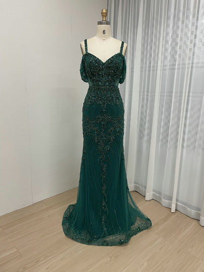 Spaghetti Strap Handmade Beading Off Shoulder Engagement Wedding Party Evening Dress DD19007-2