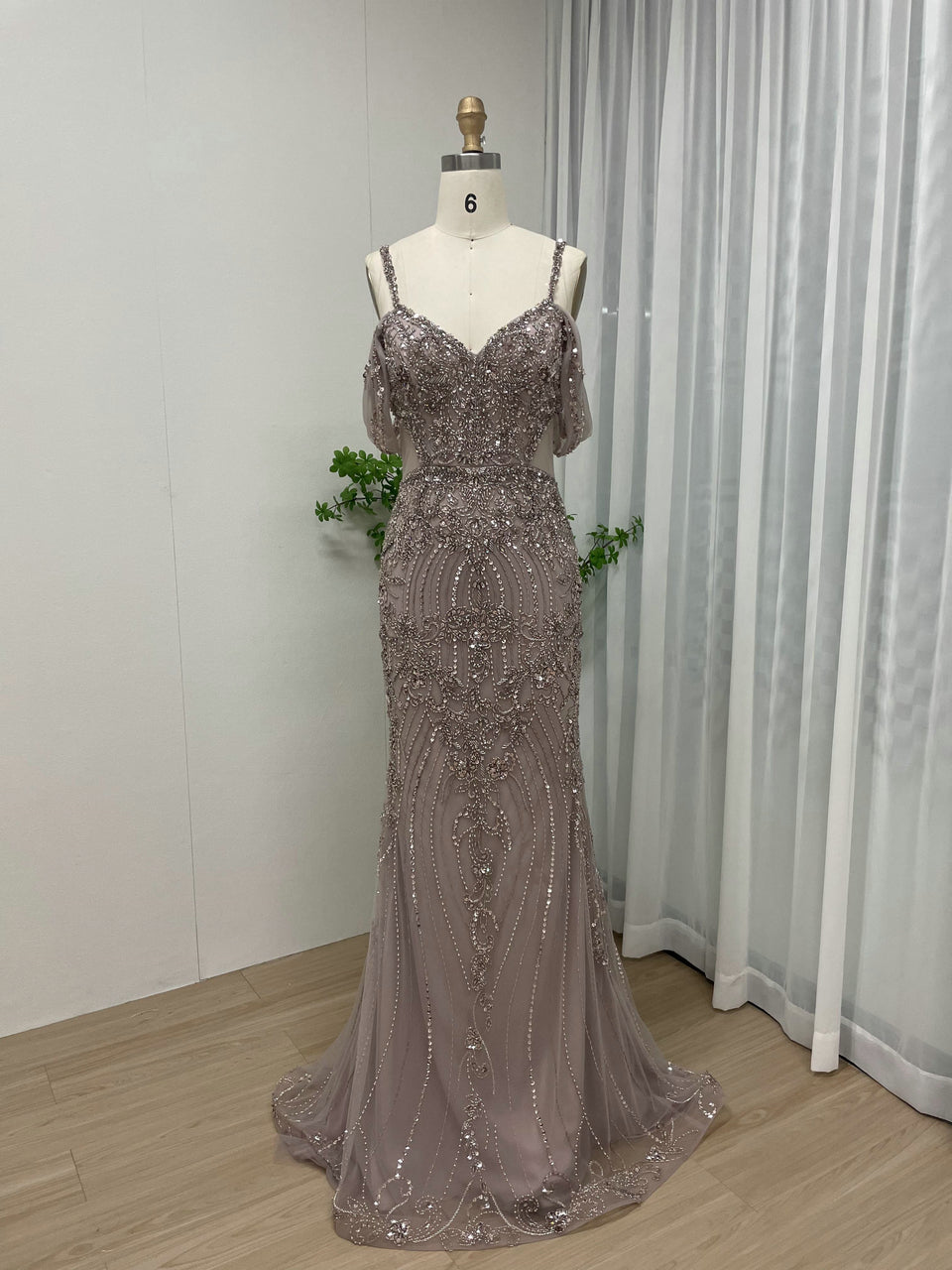 Spaghetti Strap Handmade Beading Off Shoulder Engagement Wedding Party Evening Dress DD19007-2