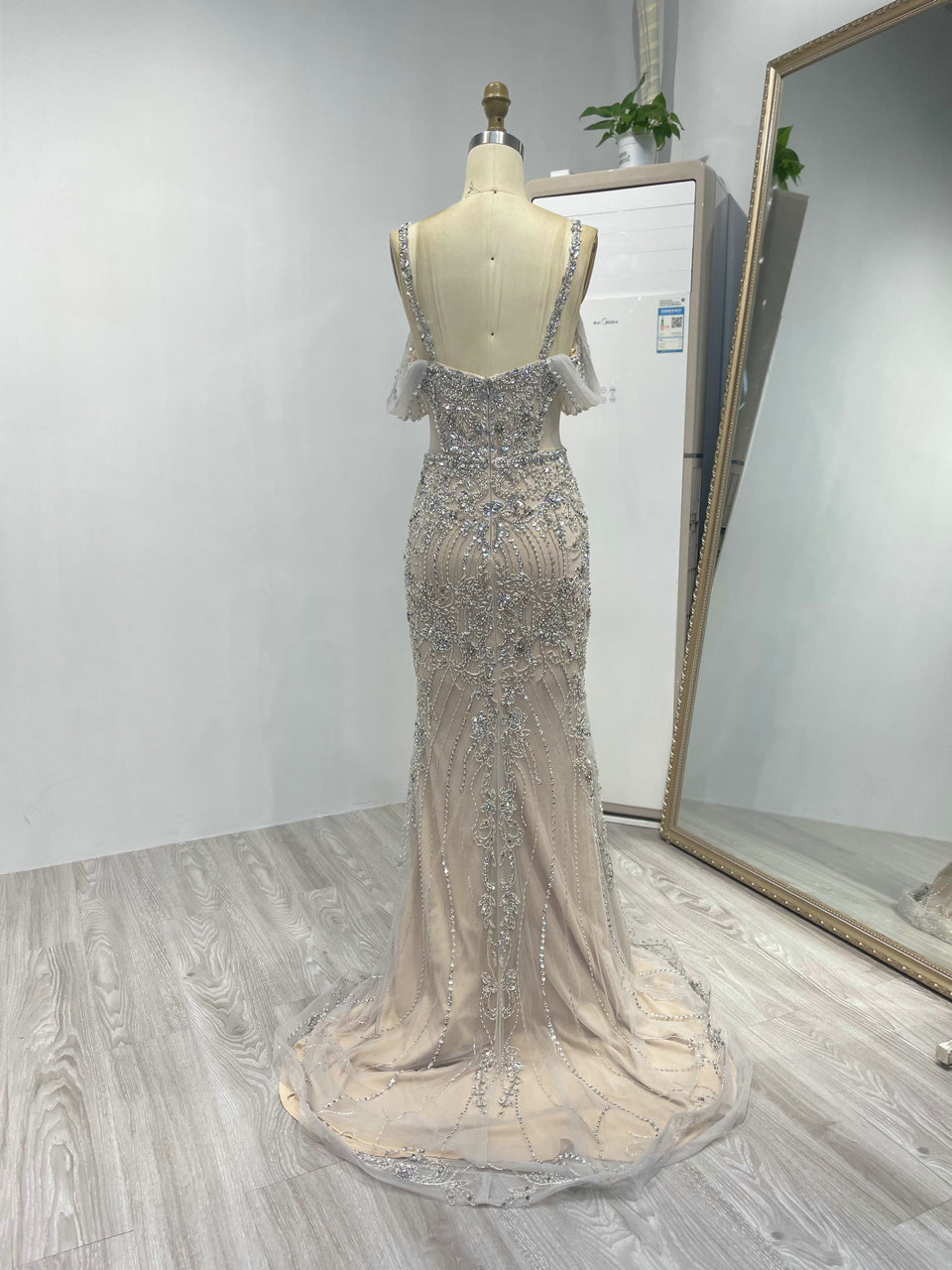 Spaghetti Strap Handmade Beading Off Shoulder Engagement Wedding Party Evening Dress DD19007-2