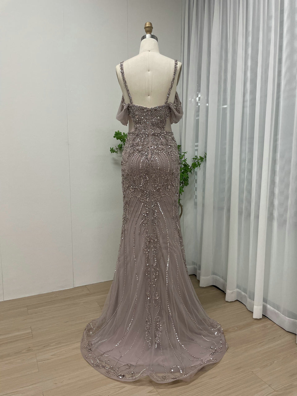 Spaghetti Strap Handmade Beading Off Shoulder Engagement Wedding Party Evening Dress DD19007-2