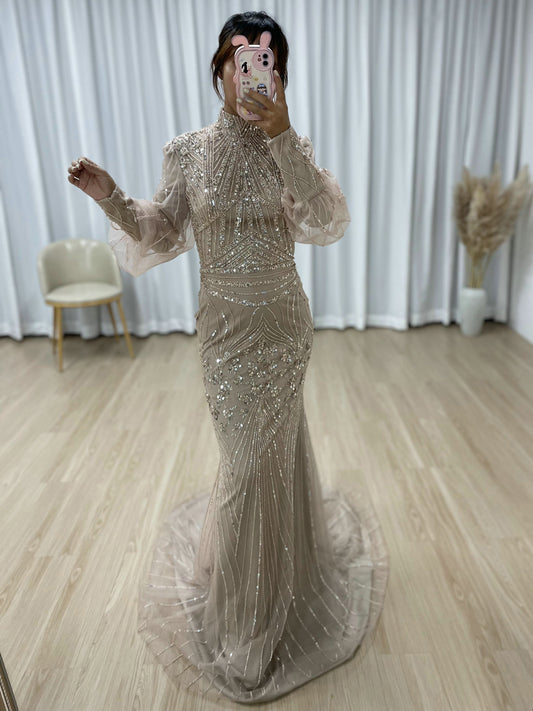 Elegant Nude Mermaid Formal Gown Long Sleeve Modest Evening Dress DDA004