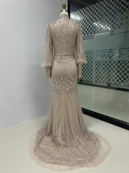 Elegant Nude Mermaid Formal Gown Long Sleeve Modest Evening Dress DDA004
