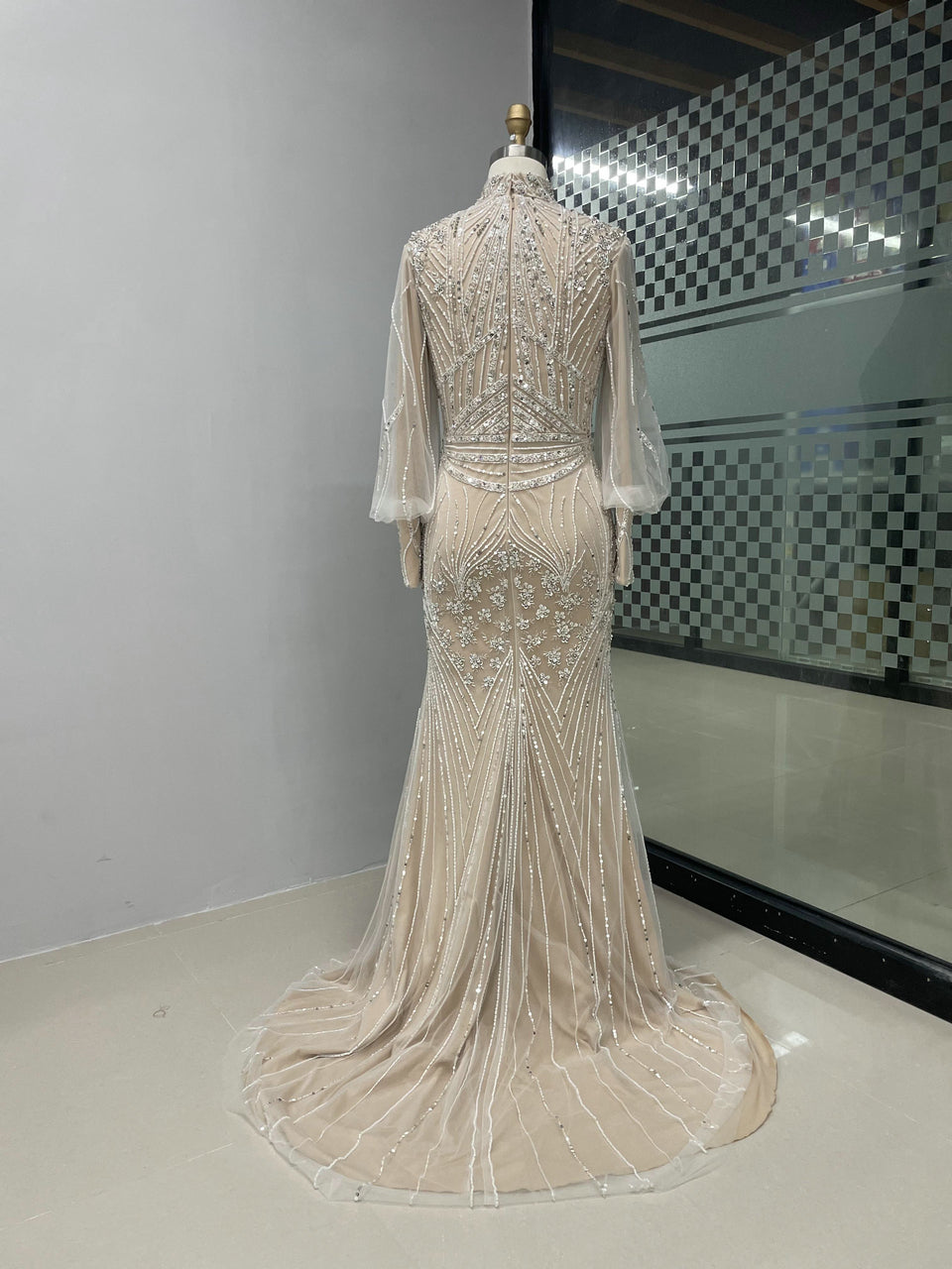 Elegant Nude Mermaid Formal Gown Long Sleeve Modest Evening Dress DDA004