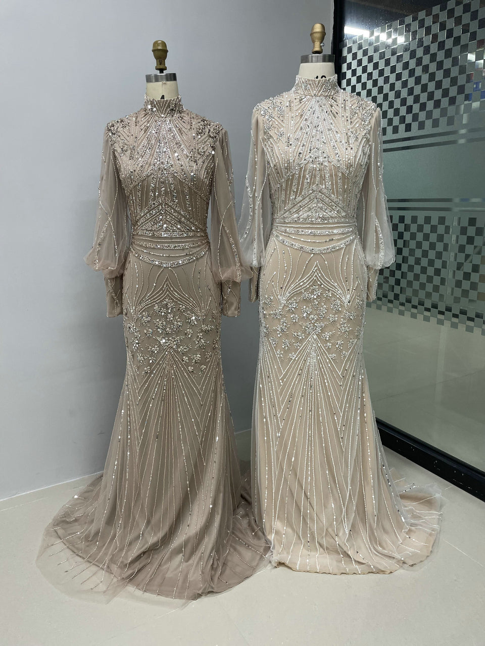 Elegant Nude Mermaid Formal Gown Long Sleeve Modest Evening Dress DDA004