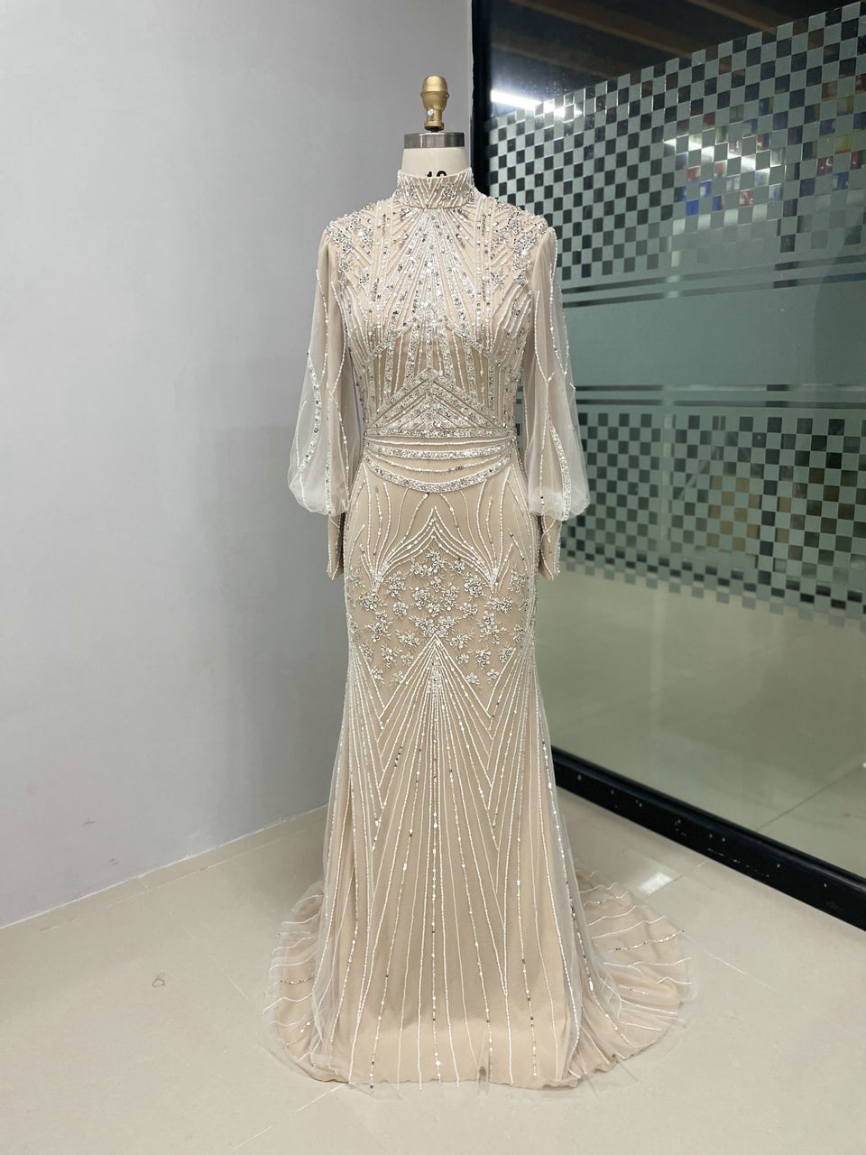 Elegant Nude Mermaid Formal Gown Long Sleeve Modest Evening Dress DDA004