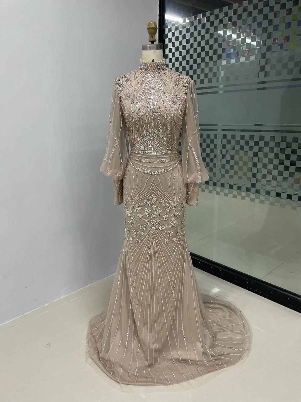 Elegant Nude Mermaid Formal Gown Long Sleeve Modest Evening Dress DDA004