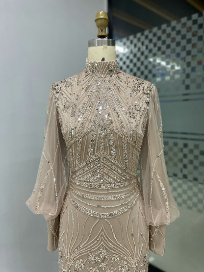 Elegant Nude Mermaid Formal Gown Long Sleeve Modest Evening Dress DDA004