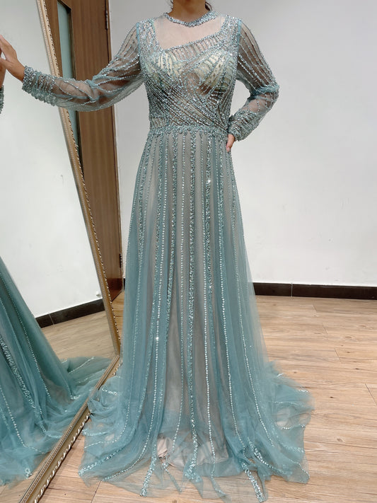 Luxury Sheer Beading Neck A Line Long Sleeve Evening Dress DDS028