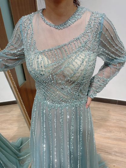 Luxury Sheer Beading Neck A Line Long Sleeve Evening Dress DDS028