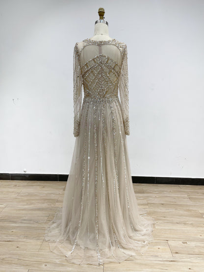 Luxury Sheer Beading Neck A Line Long Sleeve Evening Dress DDS028