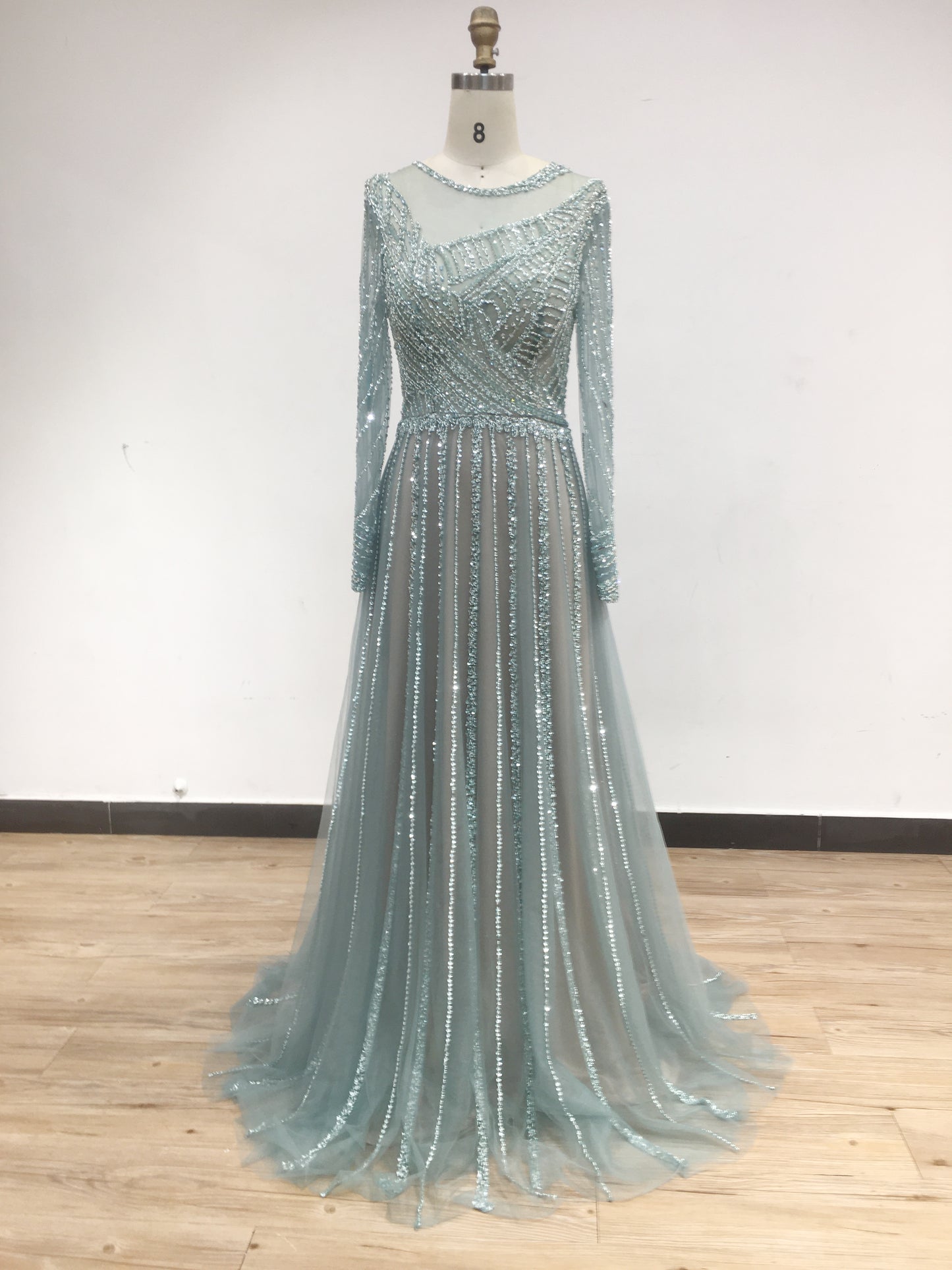 Luxury Sheer Beading Neck A Line Long Sleeve Evening Dress DDS028