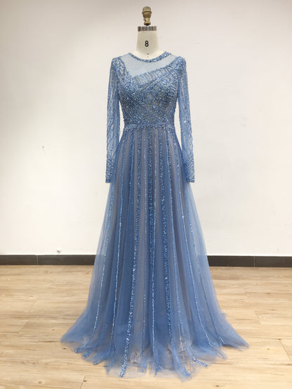 Luxury Sheer Beading Neck A Line Long Sleeve Evening Dress DDS028