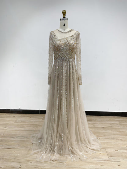 Luxury Sheer Beading Neck A Line Long Sleeve Evening Dress DDS028