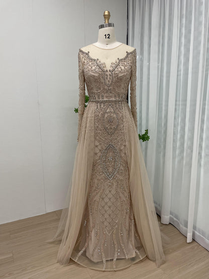 Luxury Sheer Neck Long Sleeve Couture Beading Overskirt Evening Dress DDS034