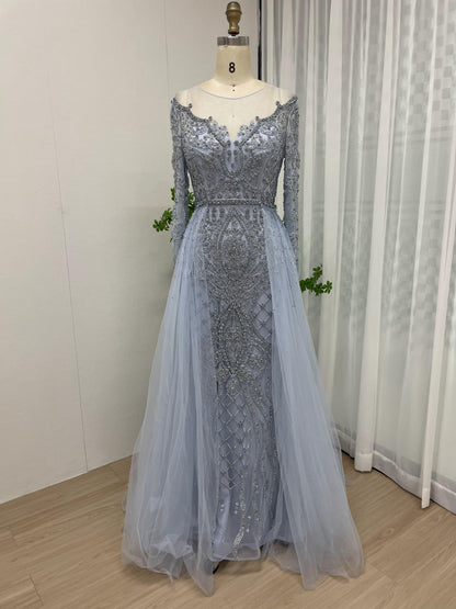 Luxury Sheer Neck Long Sleeve Couture Beading Overskirt Evening Dress DDS034