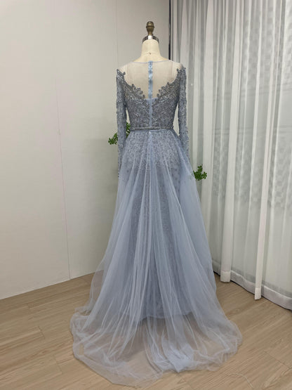 Luxury Sheer Neck Long Sleeve Couture Beading Overskirt Evening Dress DDS034