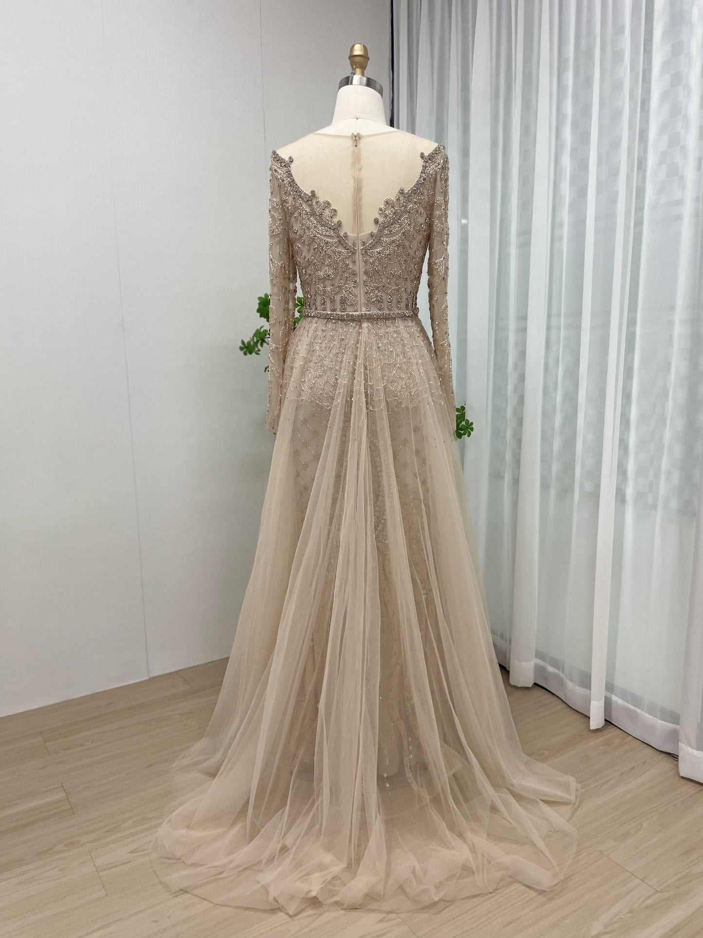 Luxury Sheer Neck Long Sleeve Couture Beading Overskirt Evening Dress DDS034