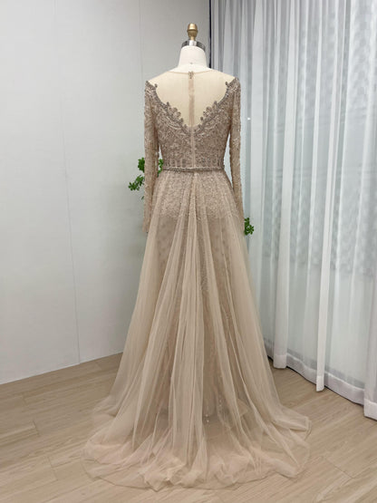 Luxury Sheer Neck Long Sleeve Couture Beading Overskirt Evening Dress DDS034