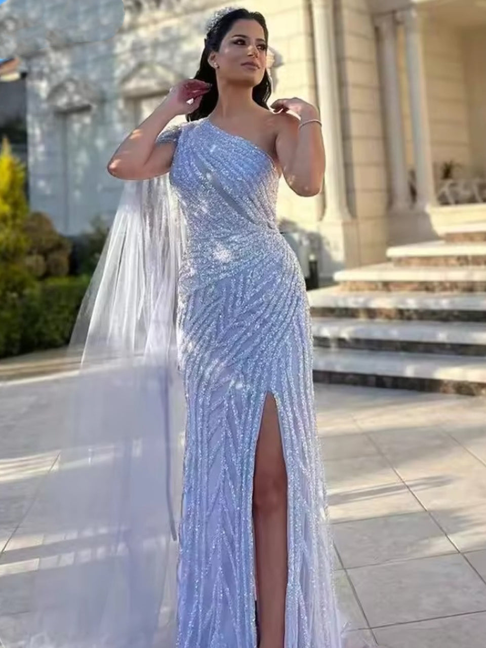Luxury One Shoulder Couture Beading  High Split Shealth Evening Dress DDS036