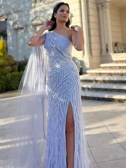 Luxury One Shoulder Couture Beading  High Split Shealth Evening Dress DDS036