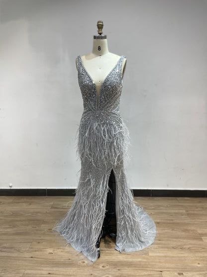 Luxury Backless Beading Feather Evening Party Dress DDS041