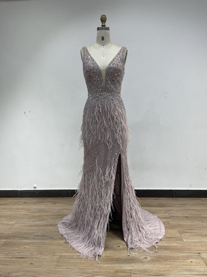 Luxury Backless Beading Feather Evening Party Dress DDS041