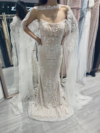 Exquisite Strapless Lace Embroidery Shoulder Cape Wedding Party Dress DDS044B