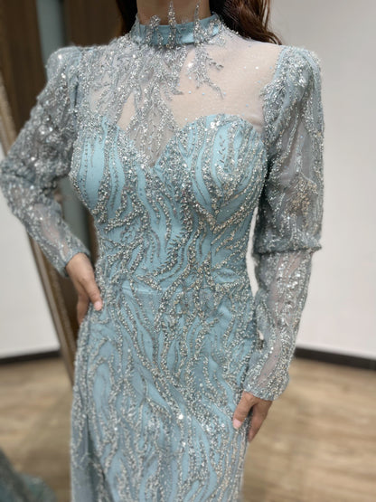 Exclusive Hign Neck Couture Lace  Beading Long Sleeve Wedding Party Dress DDS054