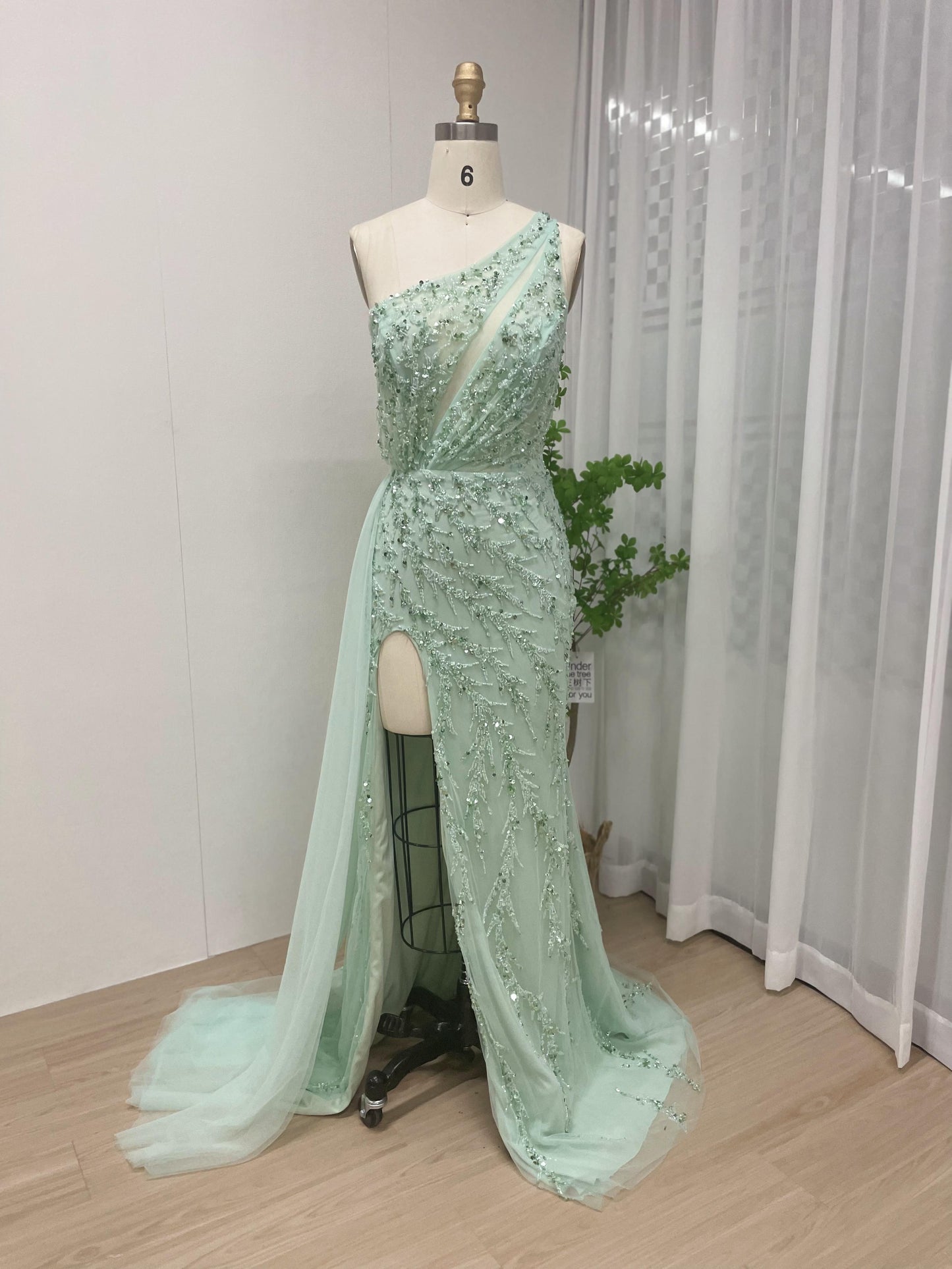 Luxury One Shoulder Sheer Beading High Split Evening Party Dress DDS057