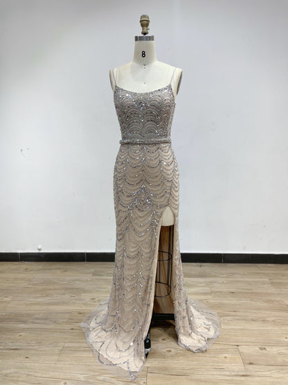 Sexy Spaghetti Strap Couture Beading High Split Evening Dress DDS062