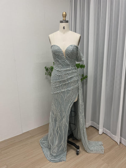 Exclusive Off Shoulder High Split Couture Beading Lace Evening Dress DDS064