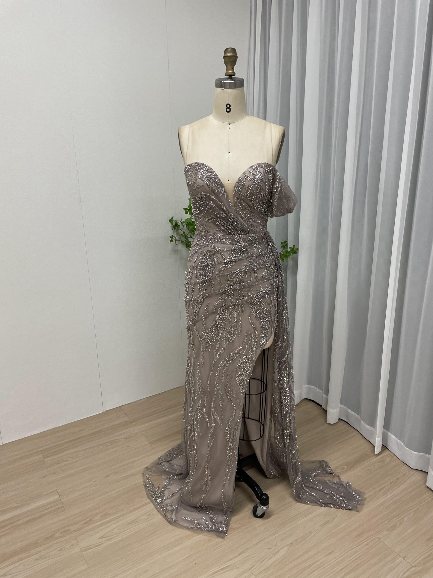 Exclusive Off Shoulder High Split Couture Beading Lace Evening Dress DDS064