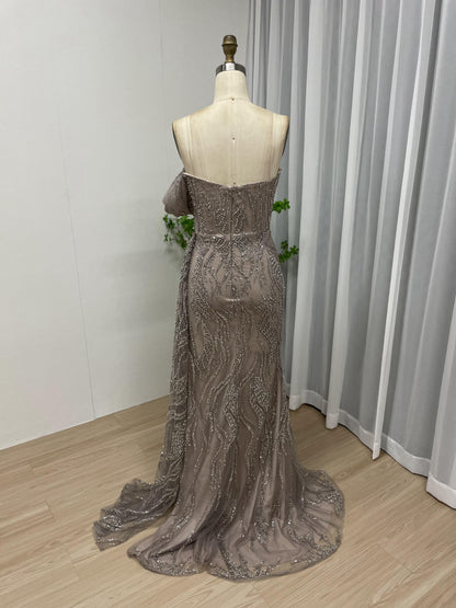 Exclusive Off Shoulder High Split Couture Beading Lace Evening Dress DDS064