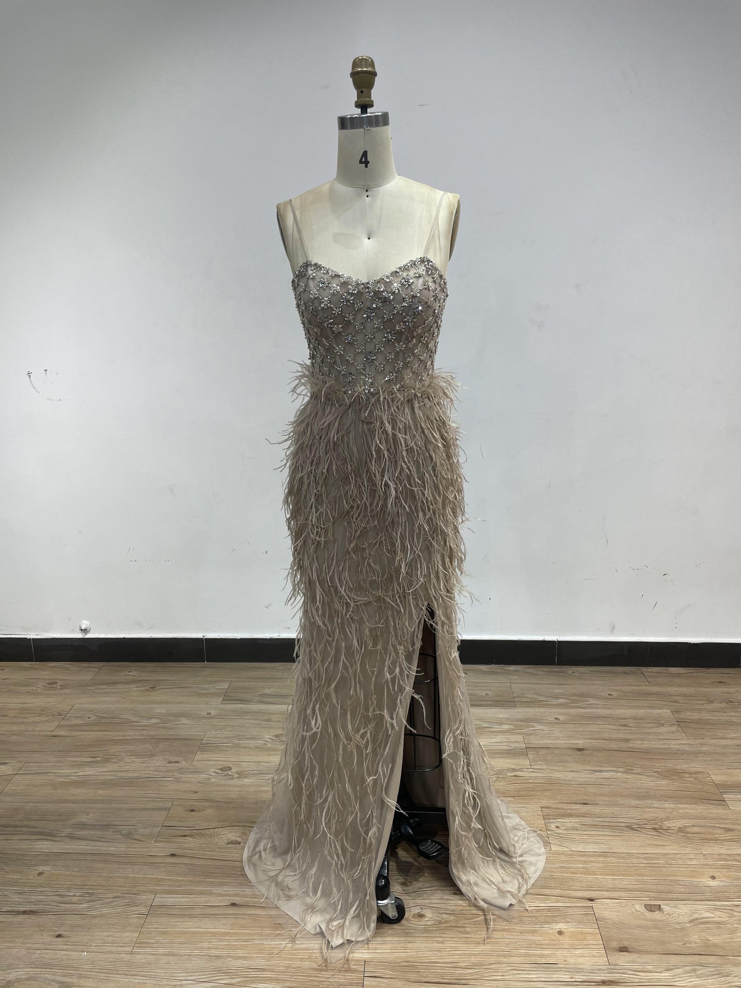 Strapless Beading Feather Split Evening Dress DKD027